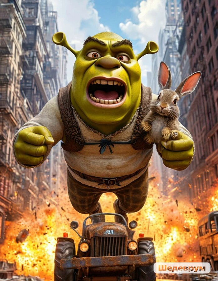Действие второе. Шрек прыгает на тракторе в каком то городе, со своим другом кроликом, уже сильно пьян. Буйный, орущий.
