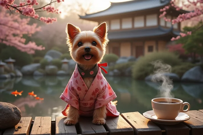 Morning in a Japanese garden: Yorkshire terrier, sakura and coffee! - My, cat, Neural network art, Coffee, Japanese Garden