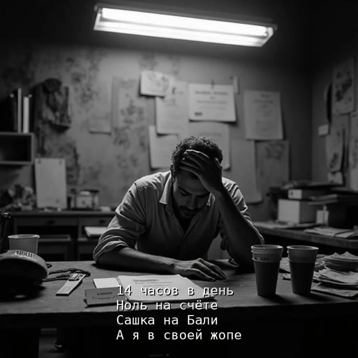 14 часов в день. Ноль на счёте. Сашка на Бали. А я в своей жопе