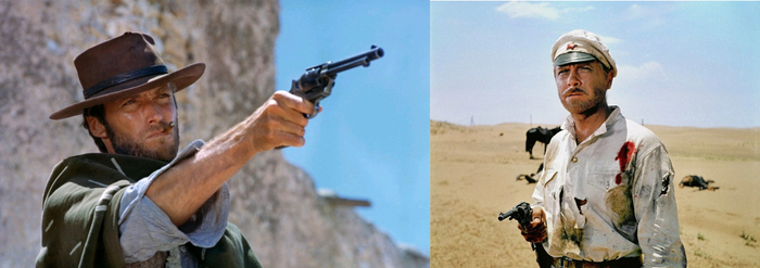 Слева герой в чистом костюме, справа суровый товарищ Сухов