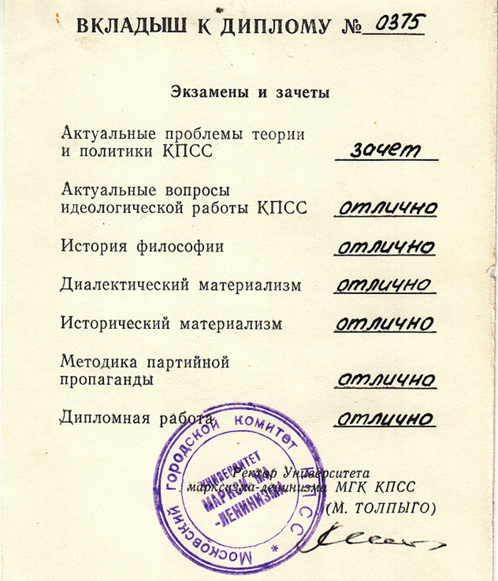 Рис. 7. Вкладыш к диплому об окончании ун-та М-Л. Фото из личного архива