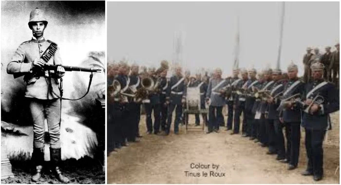 Молодой трансваальский артиллерист в полевой форме и "колониальном" шлеме (с началом войны сменили на широкополые шляпы, чтобы не быть принятыми за англичан) и оркестранты артиллерии Оранжевой при полном параде в "пикельхаубах" германского образца.