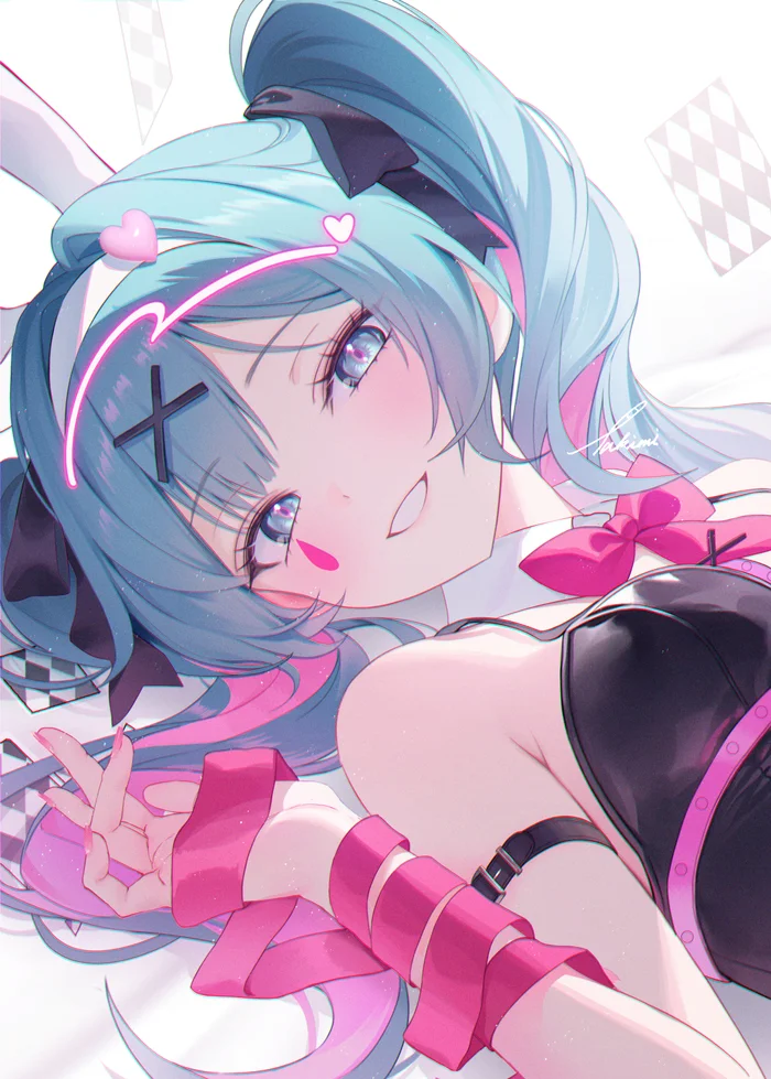 Hatsune Miku #248 Аниме, Anime Art, Rabbit hole (vocaloid), Hatsune Miku, Девушки, Галстук-бабочка, Улыбка, Лежит