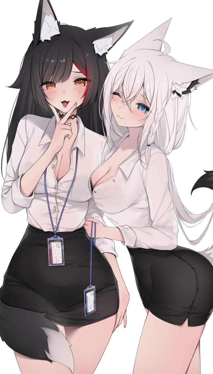 OL Fubuki&Mio Anime Art, , Virtual YouTuber, Ookami Mio, Shirakami Fubuki, Hiroside, Office lady, Animal Ears, , 