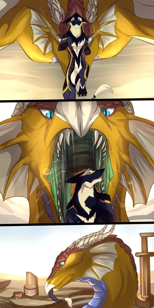 Flight for a snack - Art, The Dragon, Sergal, Vore, Mawshot, To fall, Language, Drooling, Dragon's mouth, Digital drawing, Flight, Desert, Furry, Comics, Jarts
