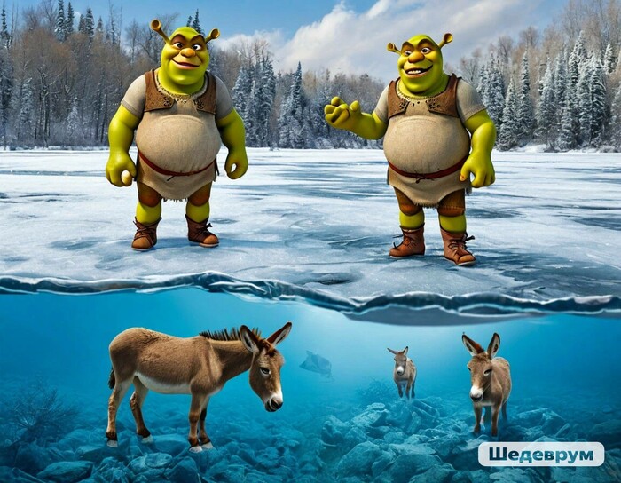 Остросоциальный плакат со Шреком и Ослом на тему "опастность хождения по тонкому льду"