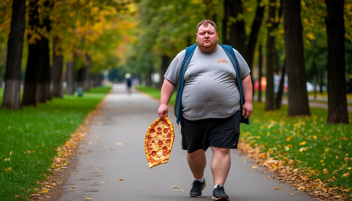 Нейро сеть яндекса именно так видит идущего толстяка. Кусок пицы в руке особенно порадовал.