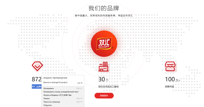 Фрагмент главной страницы сайта Shineway, поставщика свинины. Интересно, что центральная часть (над кнопкой) сделана в виде картинки — текст скопировать нельзя. А вот в элементах справа и слева — можно