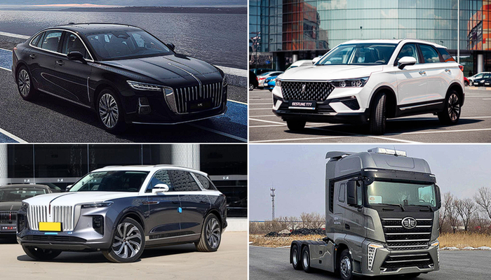 Слева Hongqi. У нас правильно читается “хончи”, в Китае “хунци”, а переводится “Красное знамя”. Хончи - это машины китайских чиновников, а у нас на них пересаживаются некоторые серьёзные дяди. Справа более массовый кроссовер Bestune и тягач Jiefang.