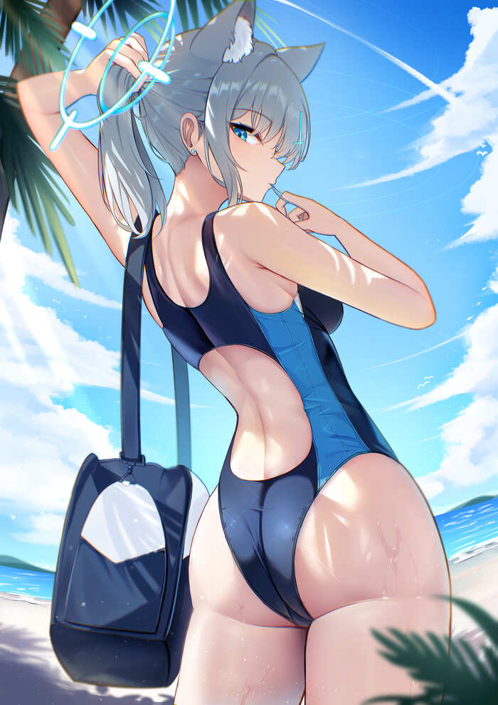 Sunaookami Shiroko #050 , Anime Art, Blue Archive, Sunaookami Shiroko, , , One-piece swimsuit, , , Animal Ears,  , , ,  