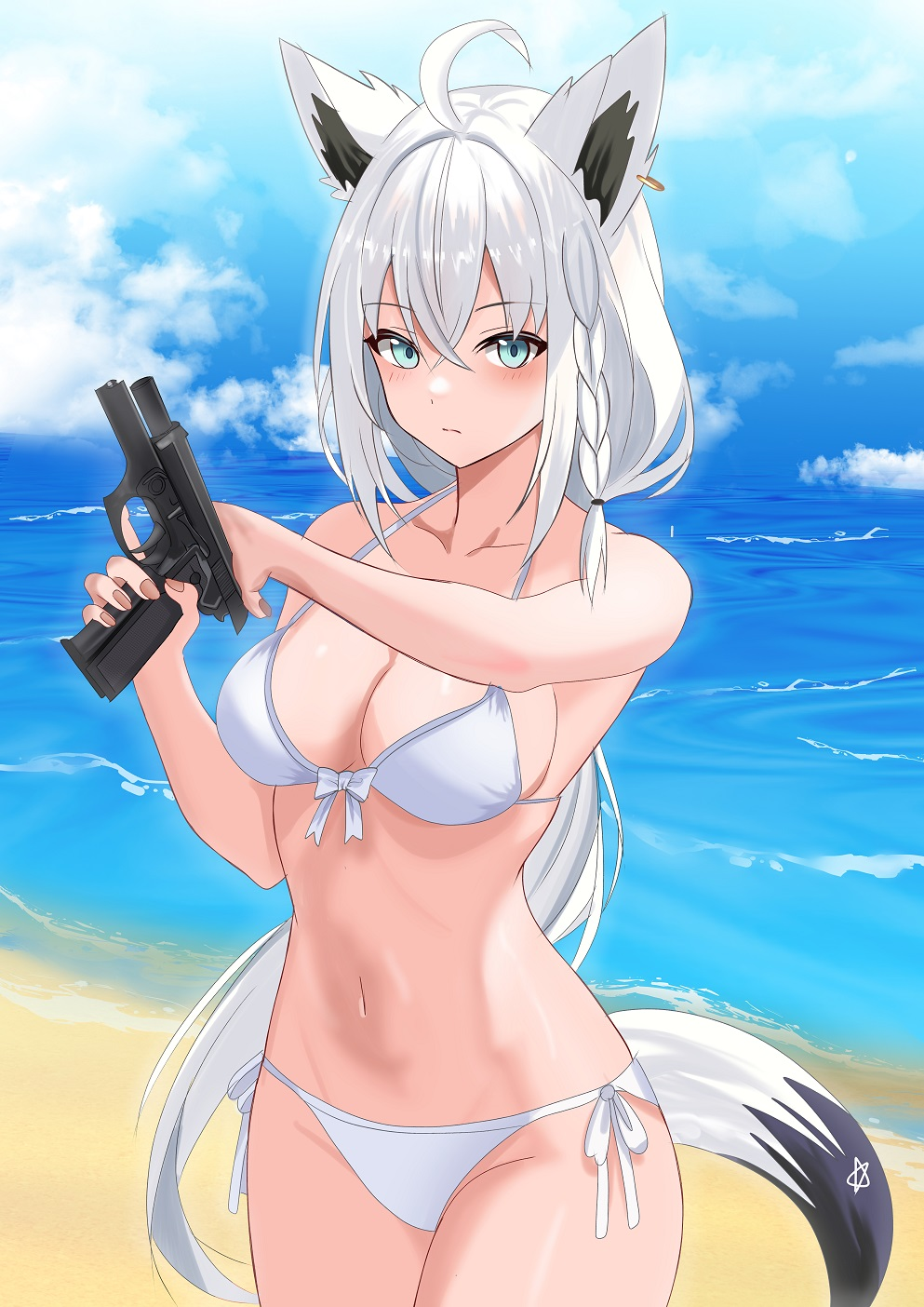 ...what are you looking at? - Anime art, Anime, Virtual youtuber, Hololive, Shirakami fubuki, Animal ears, Swimsuit, Beach, Tail, Pistols