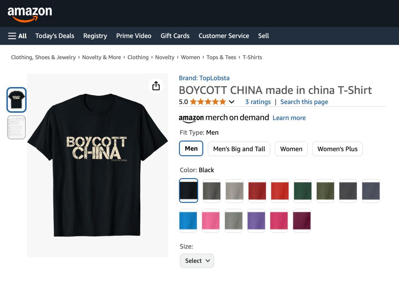 In any situation, never stop earning! - China, USA, Cloth, Sale, T-shirt, Amazon, Screenshot, Boycott