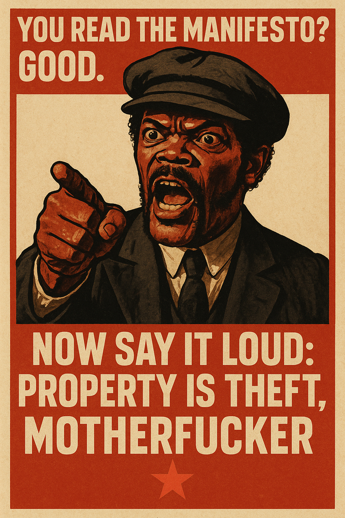 Ты читал Манифест? Хорошо. А теперь скажи это громко: Собственность — это кража, ублюдок!