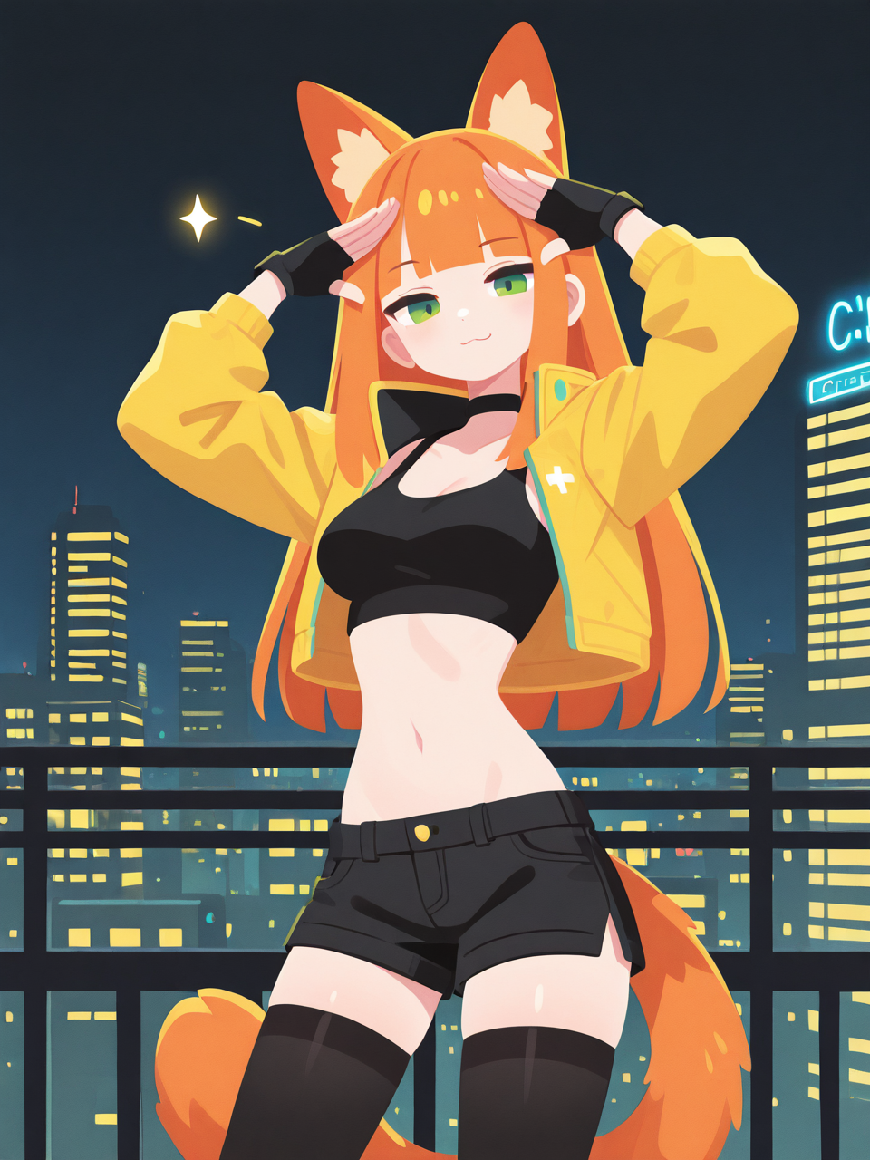 Yellow Ghost Night City - My, Neural network art, Anime, Stable diffusion, Redheads, Sdxl, Choker, Ears, Tail, Neko, Longpost