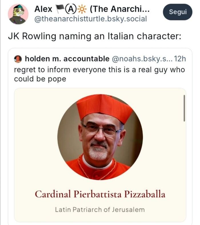 Но интернет, конечно, в едином порыве объединился вокруг кандидата по имени Пьербаттиста Пиццабалла (надеюсь, выберут именно его, и когда-нибудь в голливудской экранизации его сыграет Бенедикт Камбербэтч)