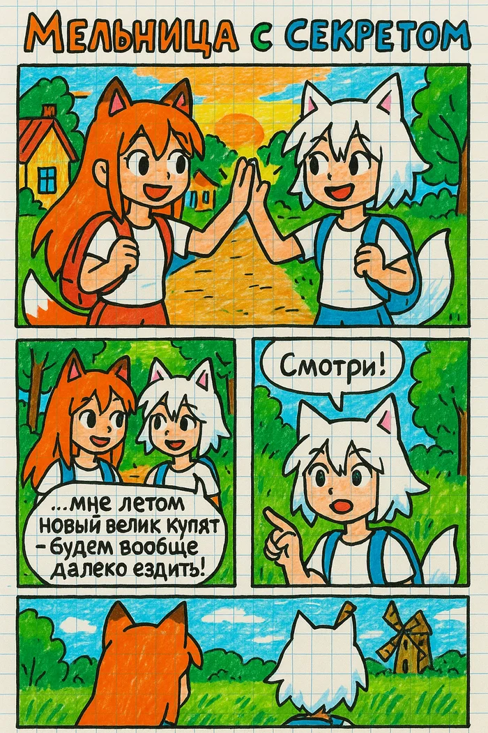 Мельница с секретом (воспоминание) Арты нейросетей, Нейронные сети, Anime Art, Аниме, Арт, Комиксы, Кицунэ, Animal Ears, Хвост, Лето, Воспоминания из детства, Ginger & White, Длиннопост
