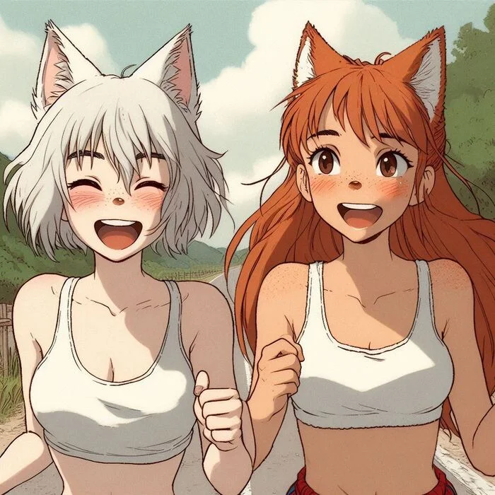 Утренняя пробежка Арты нейросетей, Аниме, Anime Art, Нейронные сети, Арт, Девушки, Кицунэ, Original Character, Animal Ears, Хвост, Спорт, Бег, Ginger & White, Длиннопост