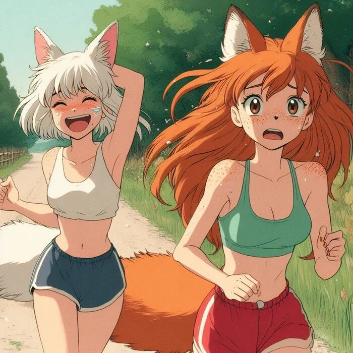 Утренняя пробежка Арты нейросетей, Аниме, Anime Art, Нейронные сети, Арт, Девушки, Кицунэ, Original Character, Animal Ears, Хвост, Спорт, Бег, Ginger & White, Длиннопост