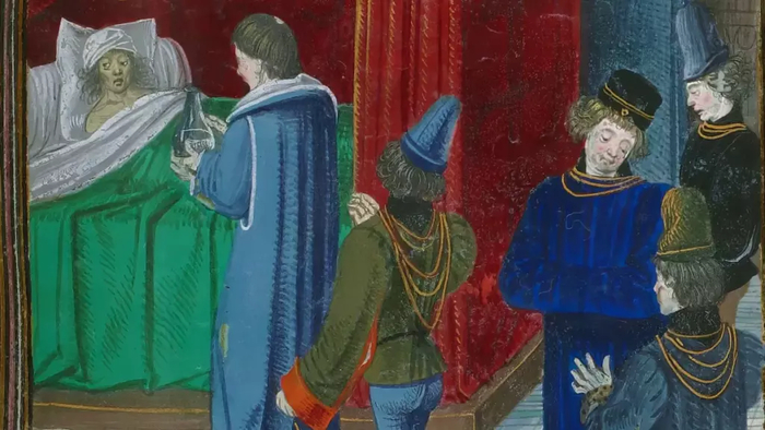 Врач посещает больного Карла VI. Миниатюра из «Хроник» Фрувссара, XV век