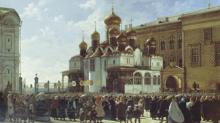 Крестный ход у Благовещенского собора в Московском Кремле. Картина К. Бодри, 1860-е годы