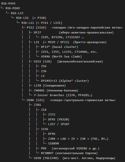 ���������� (�����������) ����� �������� ������������ R1b-L51. ������ �=� ���� �������������/������������ �������� SNP. ������ P312 � U106 ������� ���� ����� ������� ��������.
