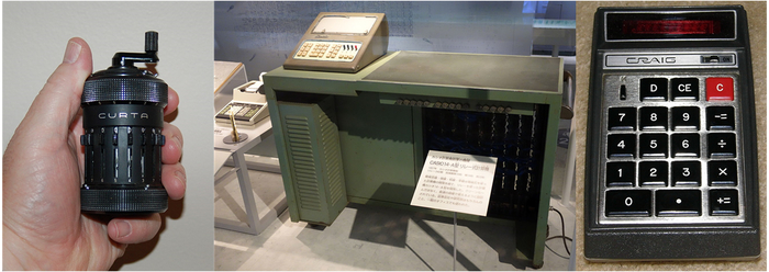 Слева направо. Curta — карманный арифмометр, 1948 год; калькулятор Casio 14-A, 1957 год; калькулятор CRAIG (901B) фирмы Bomwar, 1971 год