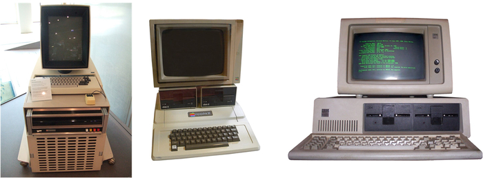 Слева направо. Xerox Alto, 1973 год; Apple II, 1977 год; IBM PC, 1981 год