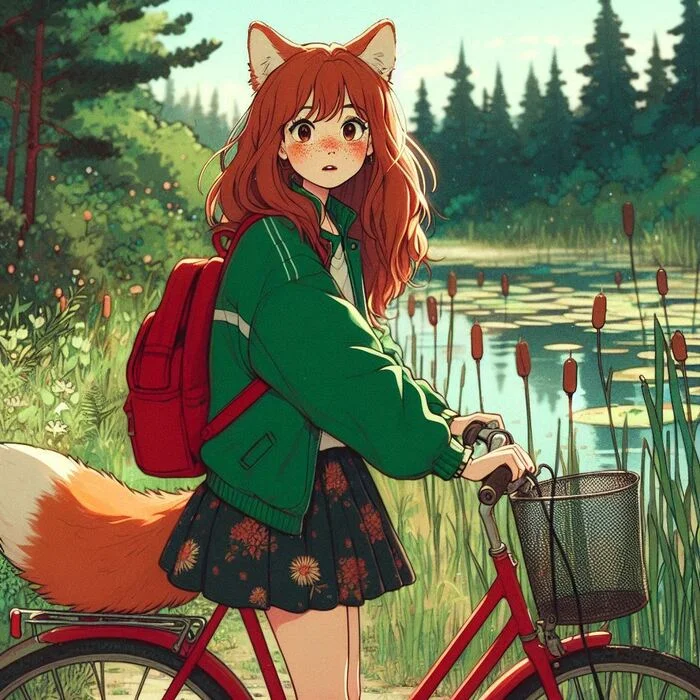 Бочка Арты нейросетей, Аниме, Anime Art, Арт, Нейронные сети, Девушки, Кицунэ, Animal Ears, Хвост, Рыжие, Веснушки, Велосипед, Велопрогулка, Весна, Природа, Заброшенное, Ginger & White, Длиннопост