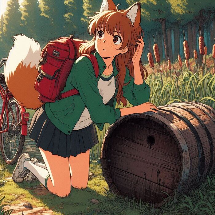 Бочка Арты нейросетей, Аниме, Anime Art, Арт, Нейронные сети, Девушки, Кицунэ, Animal Ears, Хвост, Рыжие, Веснушки, Велосипед, Велопрогулка, Весна, Природа, Заброшенное, Ginger & White, Длиннопост