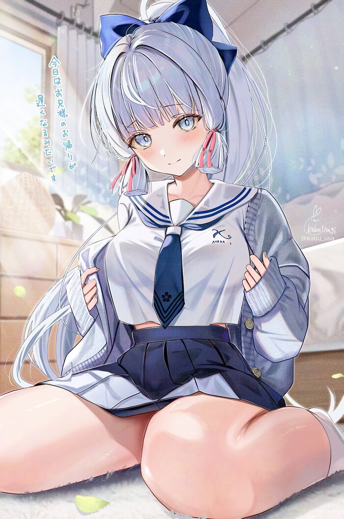  Anime Art, , Kamisato Ayaka (Genshin Impact), Genshin Impact, Kabu usagi, , Seifuku