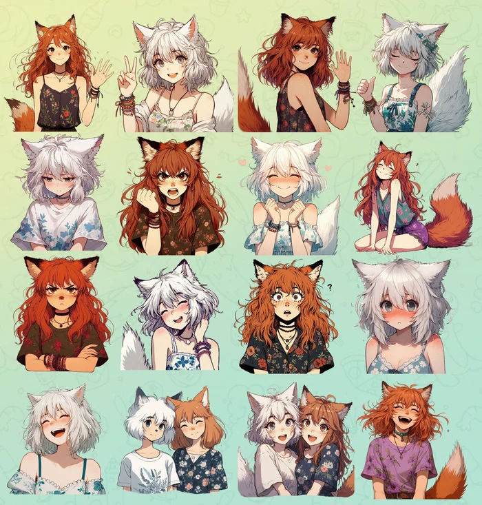Лисичкины стикеры! Арты нейросетей, Нейронные сети, Anime Art, Аниме, Арт, Девушки, Кицунэ, Original Character, Animal Ears, Хвост, Стикеры, Стикеры Telegram, Ginger & White