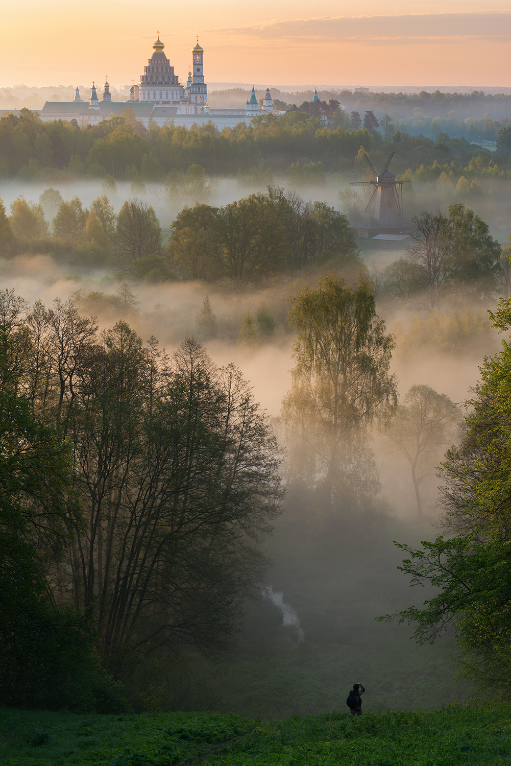 Photographer's morning - My, dawn, Landscape, Spring, Fog, Istra, Windmill, Sunrise, Beautiful view, Sunrises and sunsets, Temple, The photo