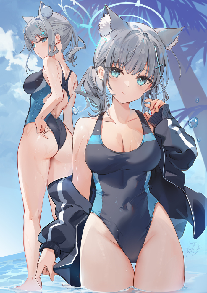 Sunaookami Shiroko #053 , Anime Art, Blue Archive, Sunaookami Shiroko, , One-piece swimsuit, , , Animal Ears,  , 