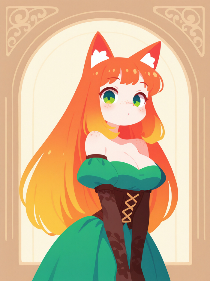 Карточный персонаж Арты нейросетей, Аниме, Stable Diffusion, Рыжие, Sdxl, Платье, Уши, Неко, Чокер, Цветные волосы, Перчатки, Длиннопост