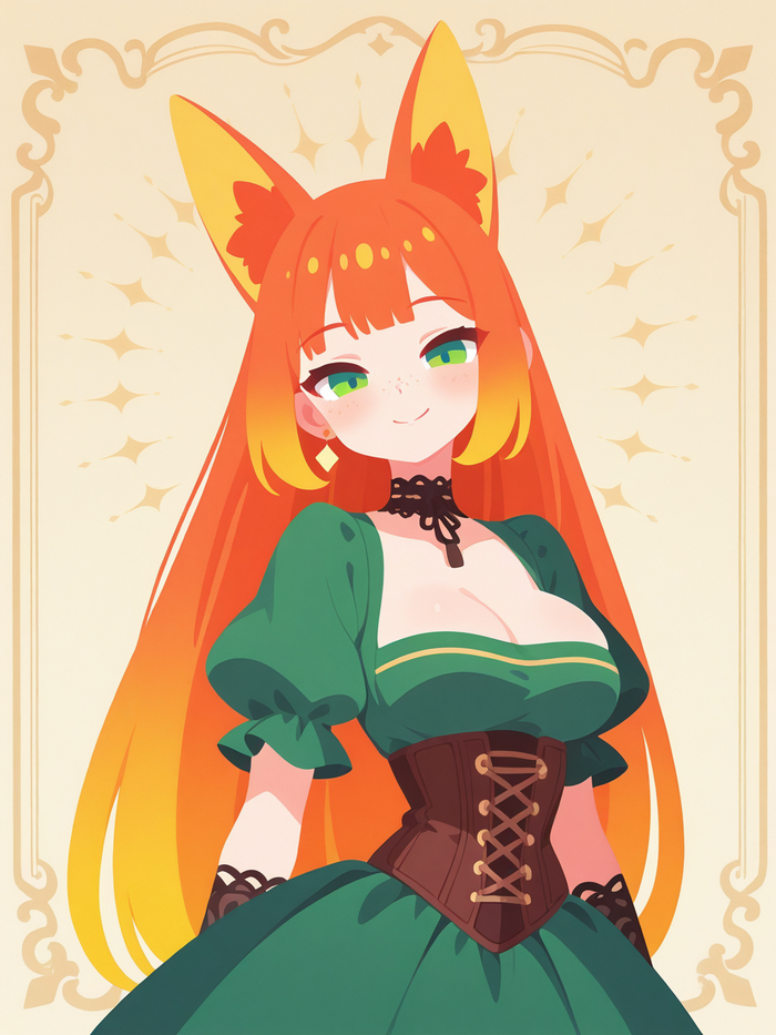 Карточный персонаж Арты нейросетей, Аниме, Stable Diffusion, Рыжие, Sdxl, Платье, Уши, Неко, Чокер, Цветные волосы, Перчатки, Длиннопост
