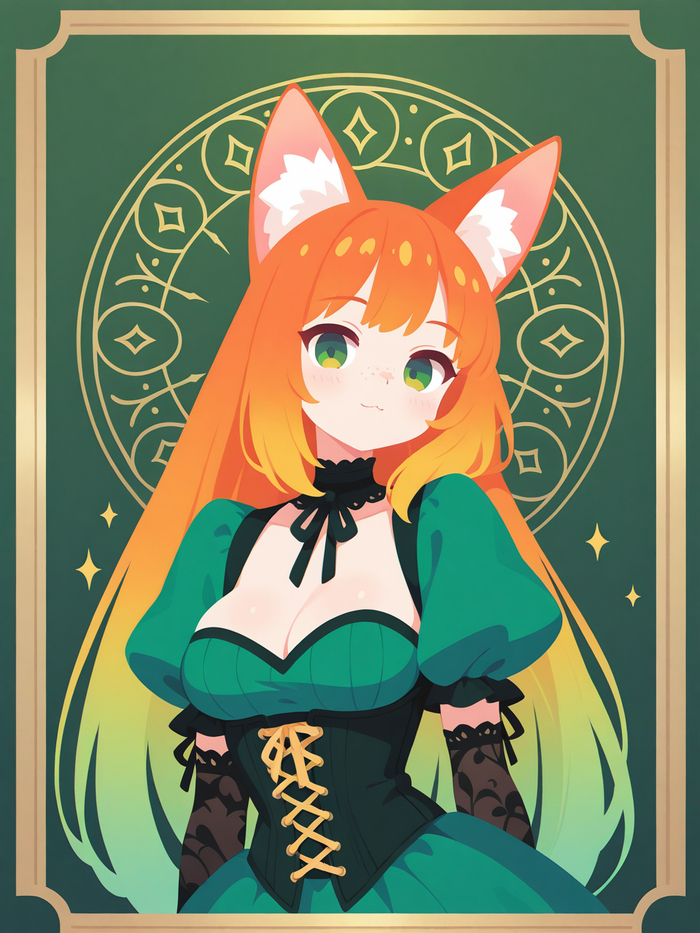 Карточный персонаж Арты нейросетей, Аниме, Stable Diffusion, Рыжие, Sdxl, Платье, Уши, Неко, Чокер, Цветные волосы, Перчатки, Длиннопост