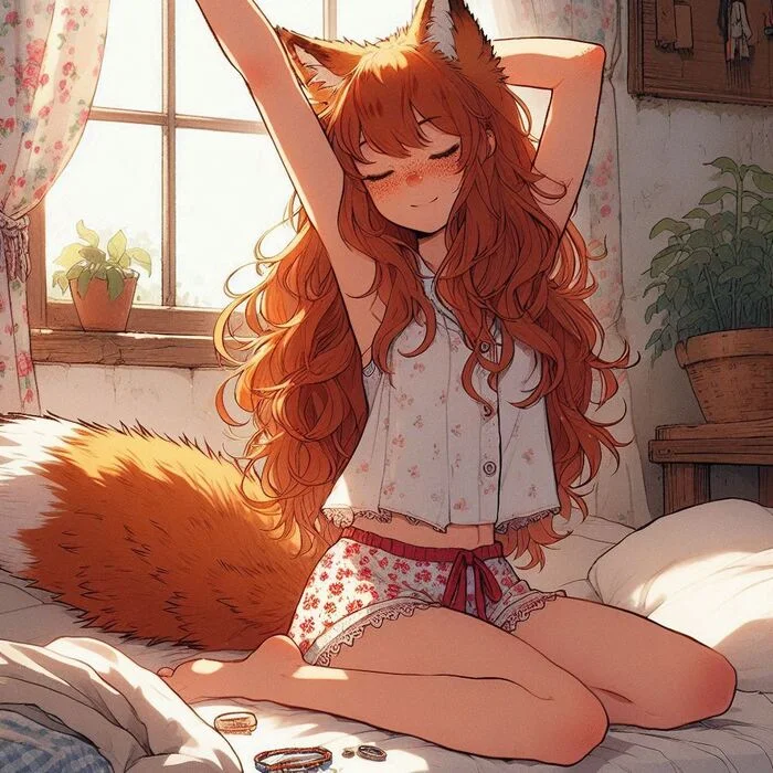 День рыжих! Аниме, Арты нейросетей, Anime Art, Нейронные сети, Арт, Девушки, Original Character, Кицунэ, Animal Ears, Хвост, Рыжие, Веснушки, Ginger & White, Длиннопост