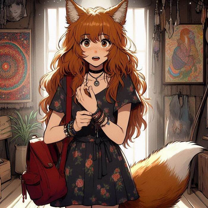 Электричество! Арты нейросетей, Аниме, Anime Art, Девушки, Арт, Original Character, Кицунэ, Animal Ears, Хвост, Рыжие, Веснушки, Гитара, Поездка, Фенечка, Ginger & White, Длиннопост
