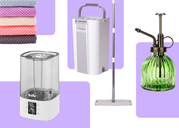 Салфетки для уборки, швабра с ведром, опрыскиваетель, увлажнитель