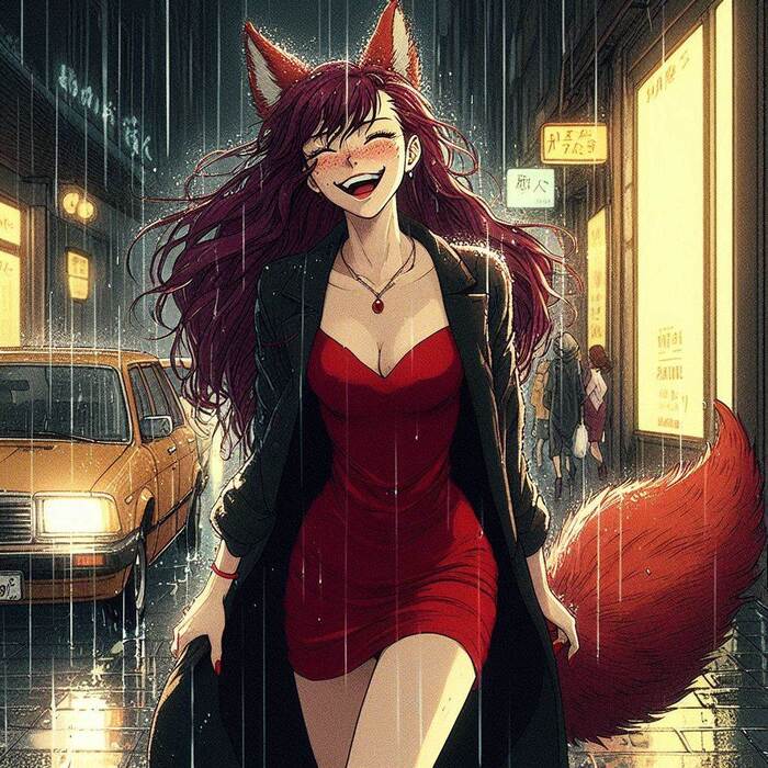 Мона и дождь Арты нейросетей, Аниме, Anime Art, Арт, Девушки, Original Character, Кицунэ, Animal Ears, Хвост, Ночь, Дождь, Нуар, Ginger & White, Длиннопост