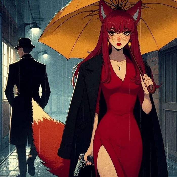 Мона и дождь Арты нейросетей, Аниме, Anime Art, Арт, Девушки, Original Character, Кицунэ, Animal Ears, Хвост, Ночь, Дождь, Нуар, Ginger & White, Длиннопост