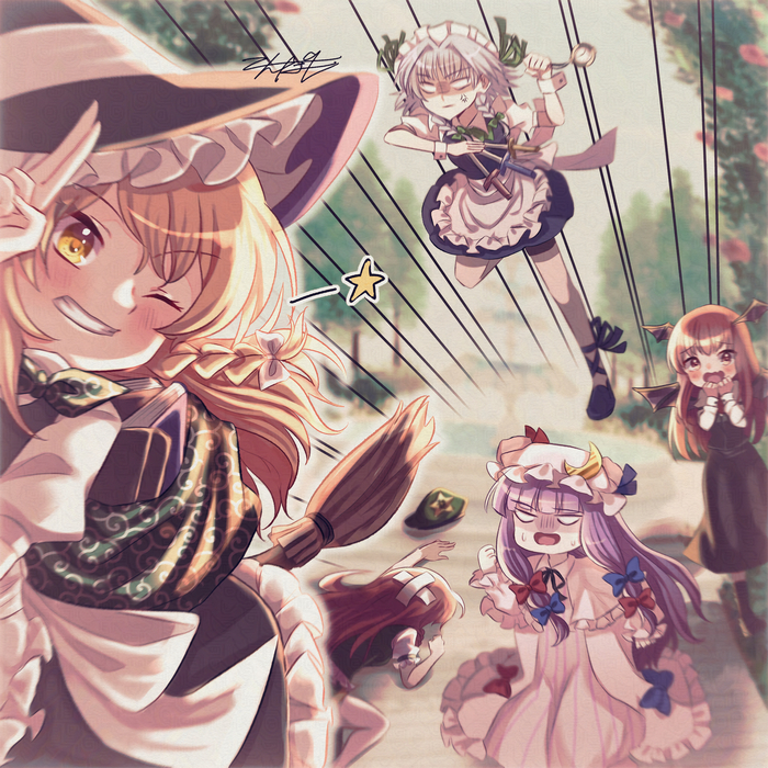 ,   ! Touhou, Kirisame Marisa, Izayoi Sakuya, Koakuma, Patchouli Knowledge, Hong Meiling, Anime Art, Game Art, , 