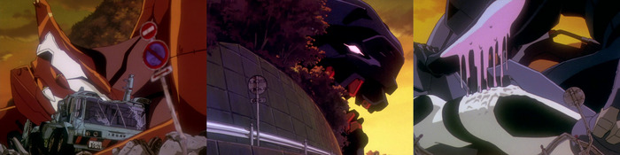 Поверженная Ева-02. Ева-03 идёт за Евой-00. Ангел пытается заразить Еву-00.