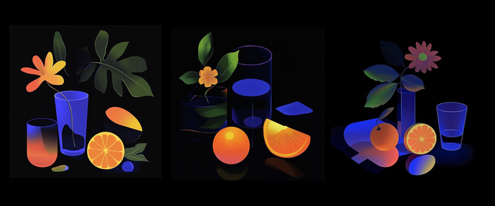      Midjourney. : still life of cut orange, flower, glass and leaves
