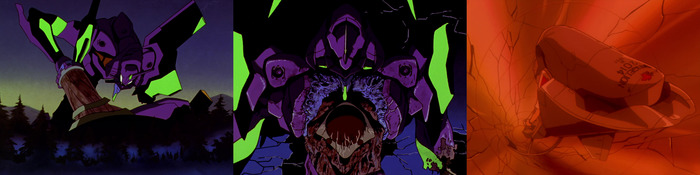 Ева пытается оторвать маску Ангела. Обесточенная Ева-01 и её ядро. Трескается капсула Синдзи.