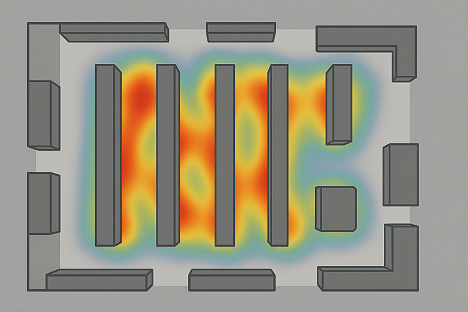 Пример тепловой карты магазина: чёрные прямоугольники — стеллажи и прилавки, красно-жёлтое облако между ними — тепловая карта перемещений сотрудников. Зоны с наибольшим количеством перемещений подсвечены красным, менее активные — жёлтым и зелёным.