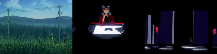 Прощальный звонок Кадзи Мисато. Мисато сдаёт табельное оружие и пропуск в момент ареста. SEELE (в виде монолитов) допрашивает Козо.