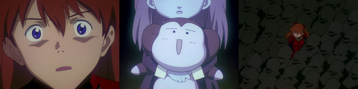 Аска в процессе контакта с Ангелом. Он предстаёт ей в образе неё самой, только маленькой. Аска в толпе -- она безумно одинока все эти годы.