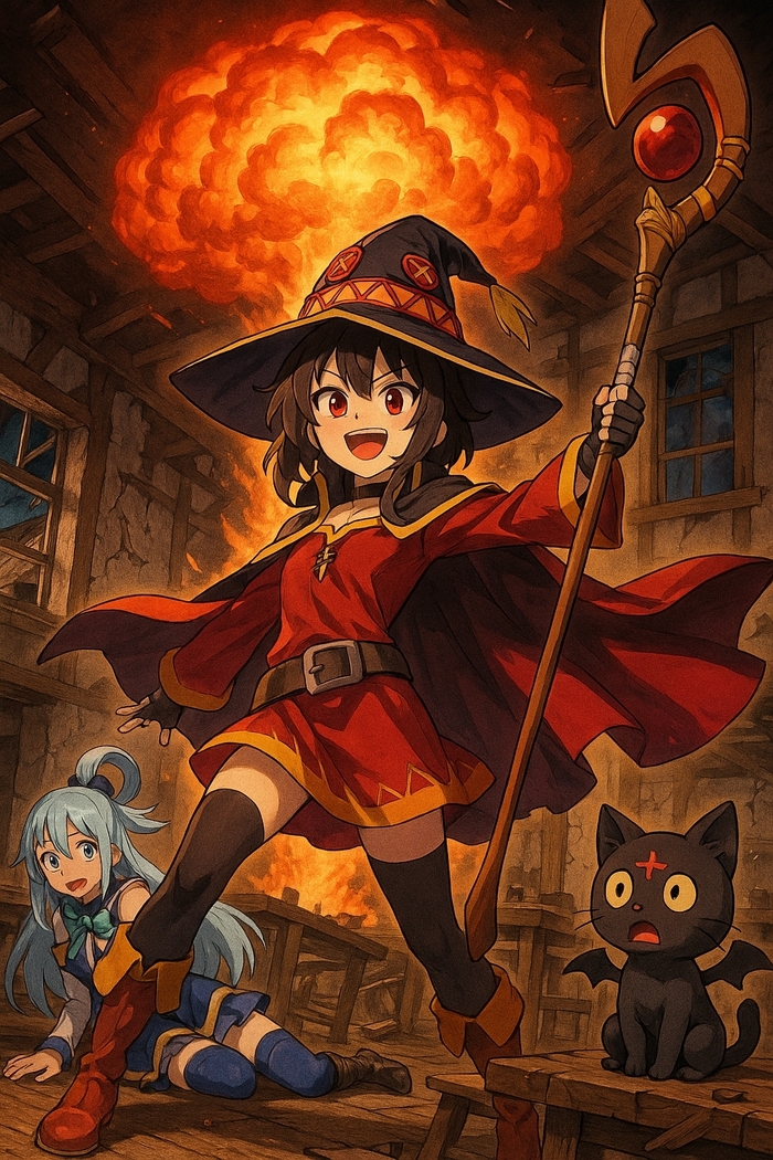    .        , Anime Art, Konosuba, Megumin, Aqua, Chomusuke, Dall-e
