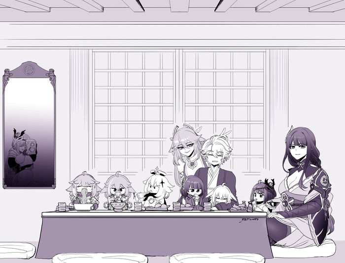   Genshin Impact, , Anime Art, Pixiv, Raiden Shogun (Genshin Impact), Yae Miko (Genshin Impact), Paimon (Genshin Impact), Aether (Genshin Impact), Kujou Sara (Genshin Impact)